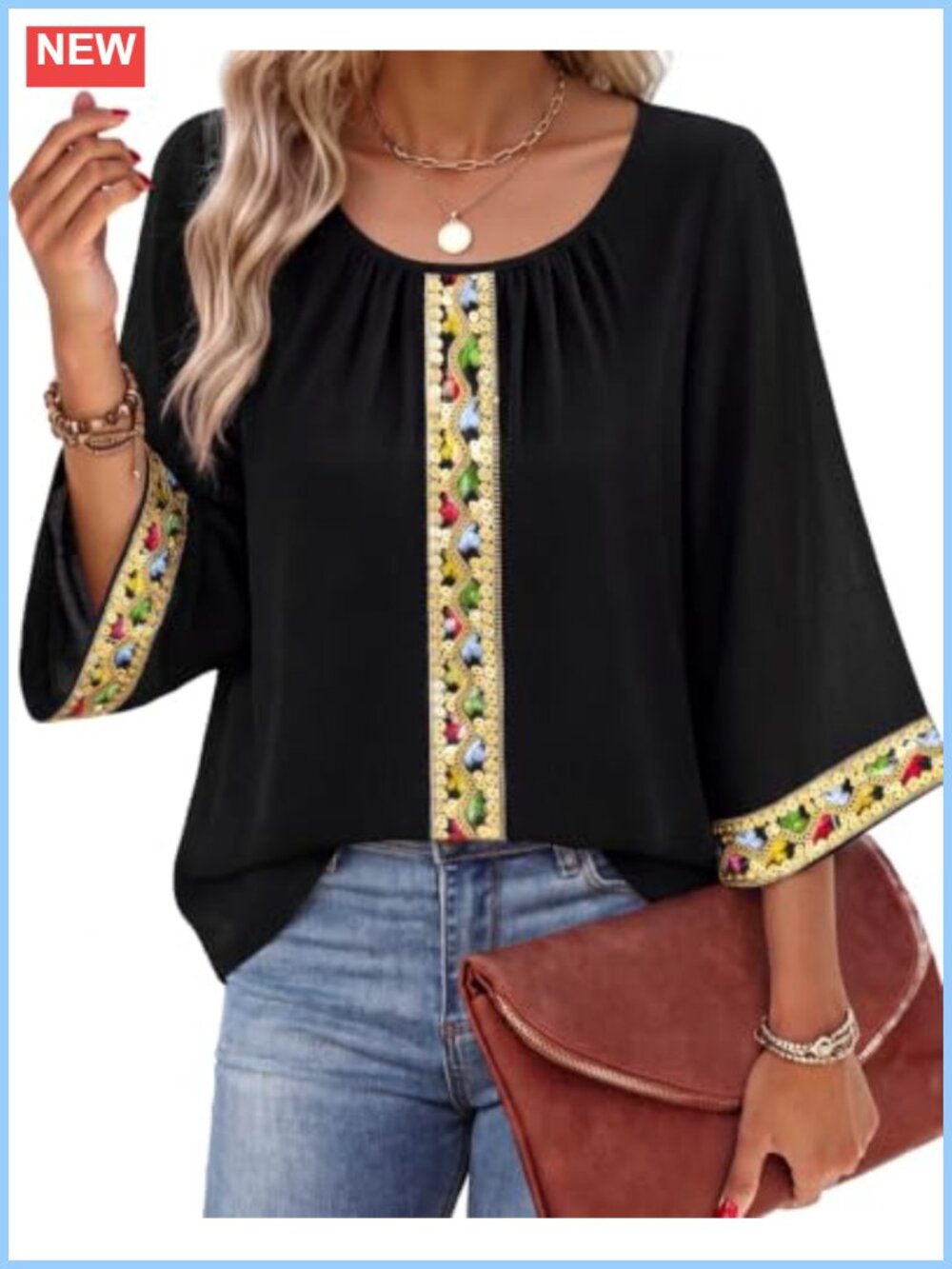 Embroidered 3/4 Sleeve Chiffon Blouse Bell Sleeves
